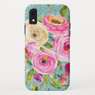 Case-Mate iPhone Case Roses d'aquarelle en Parties scintillant Aqua rose
