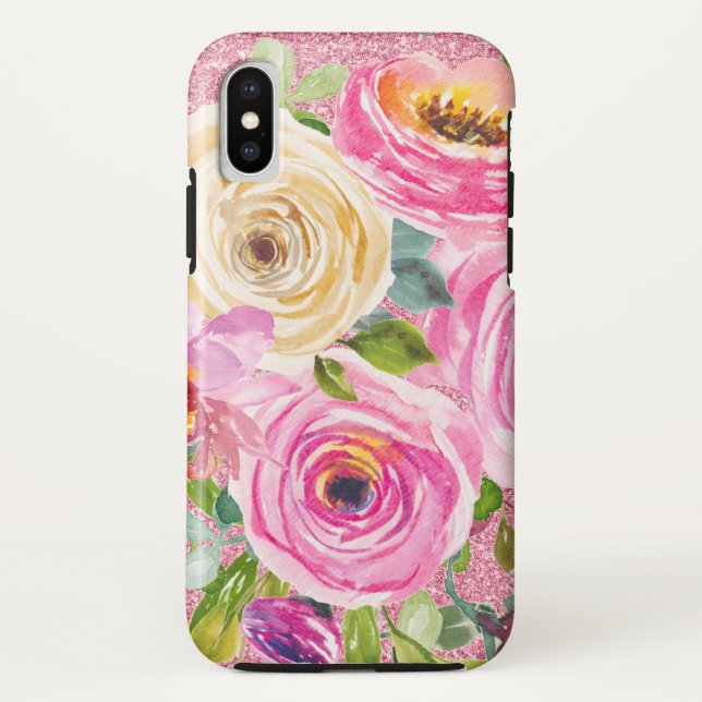 Coques Case-Mate iPhone Roses d'aquarelle en Parties scintillant rose et c (Dos)