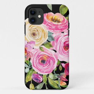 Case-Mate iPhone Case Roses d'aquarelle en rose et crème sur noir