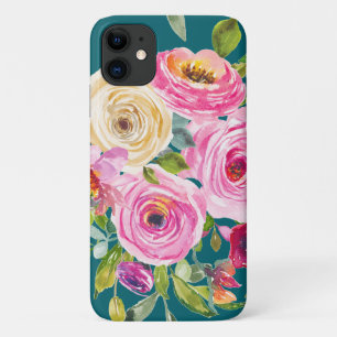 Case-Mate iPhone Case Roses d'aquarelle en rose et crème sur Turquoise