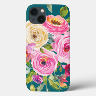 Case-Mate iPhone Case Roses d'aquarelle en rose et crème sur Turquoise