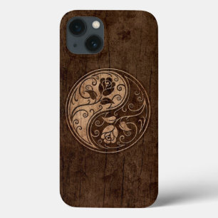 Coques Pour iPhone Roses de Yin Yang avec l'effet en bois de grain