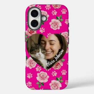Coque Pour iPhone 16 Roses et empreintes de pattes aquarelles avec phot