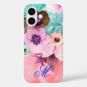 COQUE POUR iPhone 16 ROSES ET FLEURS D'ANÉMONE MONOGRAMME TEAL PINK