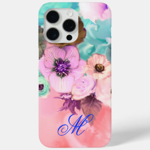COQUE iPhone 15 PRO MAX ROSES ET FLEURS D'ANÉMONE TEAL PINK MONOGRAMME