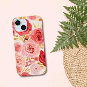 Coque Pour iPhone 15 Roses Fleurs Florales Rouge Rose Aquarelle