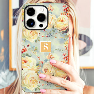 Coques iPhone 16 Pro Max Roses Jaunes Élégantes Monogramme Floral