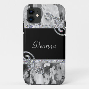 Coques Pour iPhone Roses noirs et blancs et monogramme de remous de