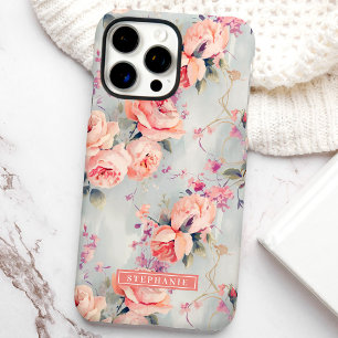 Coques iPhone 16 Pro Max Roses Pêches Nom Personnalisé Floral