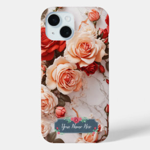 Coque Pour iPhone 15 Roses Péches Romantiques sur Marbre Blanc Élégant