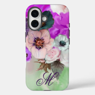 COQUES iPhone 16  ROSES ROSE POURPRE, FLEURS D'ANÉMONE BLANCHE MONOG