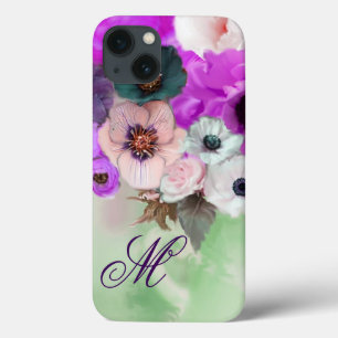 iPhone 13 CASE ROSES ROSE POURPRE, FLEURS D'ANÉMONE BLANCHE MONOG