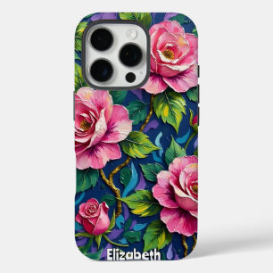Coques iPhone 16 Pro Roses roses dans un jardin bleu moody