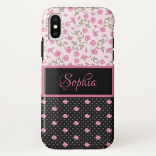 Case-Mate iPhone Case Roses roses, Pois blancs sur Monogrammed noir
