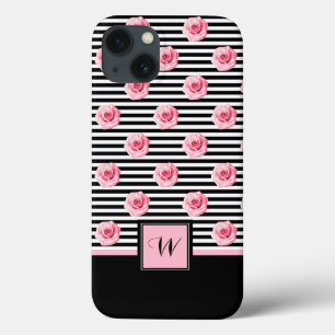 Case-Mate iPhone Case Roses roses sur bandes noires et blanches avec ini