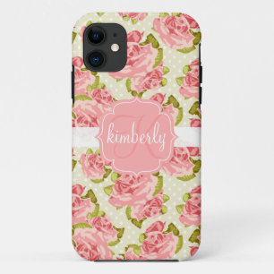 Coque iPhone 11 Roses roses vintages Girly décorés d'un monogram