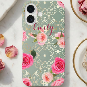 Coque Pour iPhone 16 Roses roses vintages sur Gold Turquoise Damask Nom