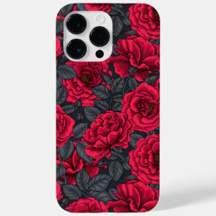 Coque Pour Pour iPhone 14 Pro Max Roses rouges avec feuilles gris sur noir