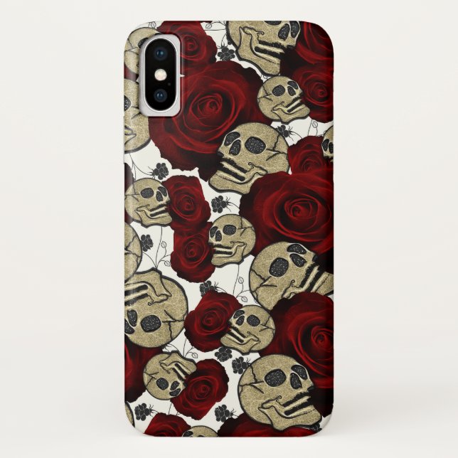 Coques Case-Mate iPhone Roses Rouges & Crânes Floral Noir Gothique Blanc (Dos)