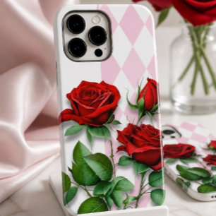 Coque Pour Pour iPhone 14 Pro Max Roses rouges et motif diamant rose et blanc