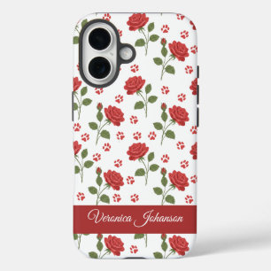 Coque Pour iPhone 16 Roses Rouges & Fleurs à Empreintes de Patte Nom Pe
