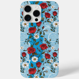 Coque iPhone 15 Pro Max Roses rouges marguerites et dentelle bleu clair
