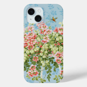 Coque Pour iPhone 15 Roses SAUVAGES, FEUILLES VERTS, OISEAU VOLANT DANS