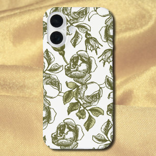 Coque Pour iPhone 16 Roses vintage dorées et blanches Gravure sur fond 