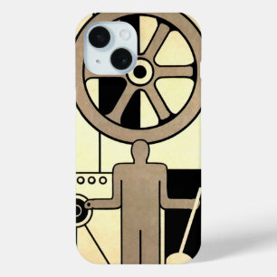 Coque Pour iPhone 15 Roue d'affaires Art déco vintage et travailleur au