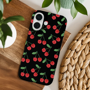 Coque Pour iPhone 16 Rouge Aquarelle Cerisier Motif Noir