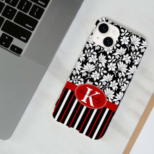 Coque Pour iPhone 14 Rouge, blanc noir nom et initiale