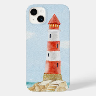 Coque Pour iPhone 14 Plus Rouge blanc phare tour pierre sable aquarelle