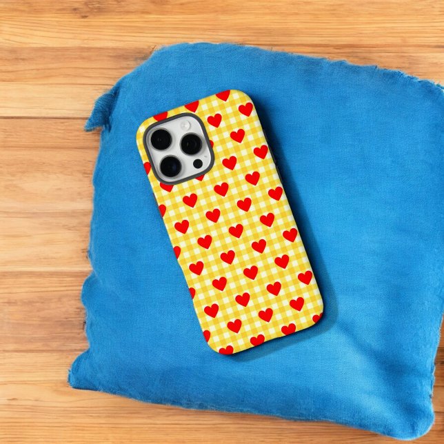 Coques Case-Mate iPhone Rouge Coeur Jaune En vichy mignonne Saint Valentin (Red Heart Yellow Gingham Cute Valentine's Day Gift Case-Mate iPhone Case)