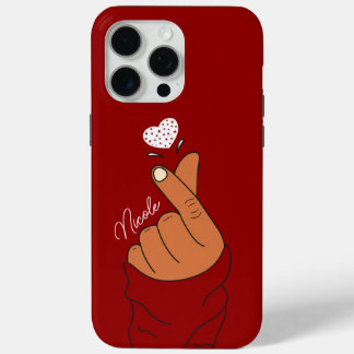 Coque iPhone 15 Pro Max Rouge Coréen Doigt Amour Coeur Main Signe Chaud Pe