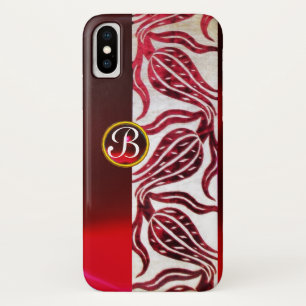 Coque iPhone X ROUGE DAMASK VELVET TULIPS MONOGRAMME Bourgogne Bl