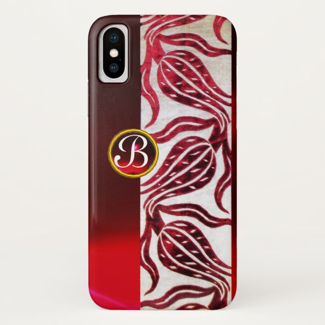 Coques Case-Mate iPhone ROUGE DAMASK VELVET TULIPS MONOGRAMME Bourgogne Bl (Dos)