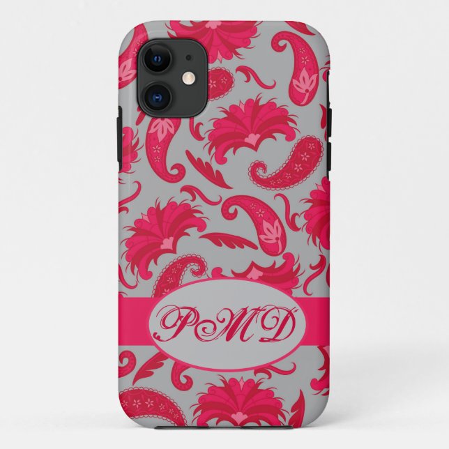 Coques Case-Mate iPhone Rouge gris Art déco Parisien Paisley Monogramme (Dos)