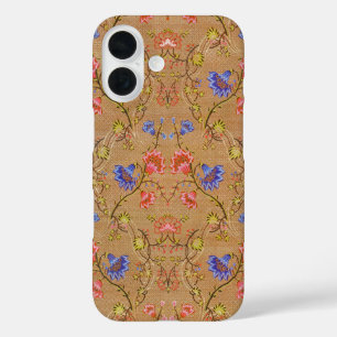 Coque Pour iPhone 16 Rouge Impérial et Or Broderie Florale en Soie Inte