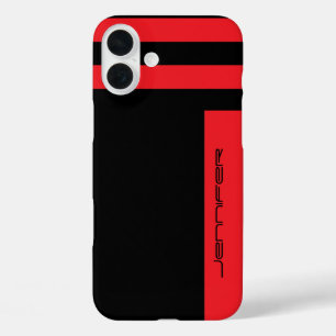 iPhone 16 Plus Case Rouge moderne, noir minimaliste bande avec nom