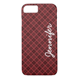 Coque iPhone 8/7 Rouge Noir Tartan Plaid Nom personnalisé, Rétro