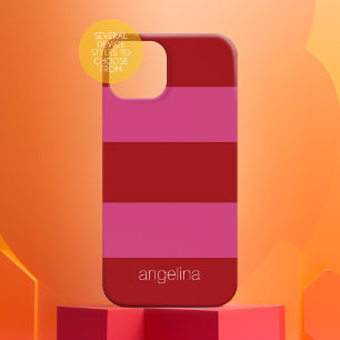 Coque Pour iPhone 15 Rouge rose moderne Motif rayé avec nom