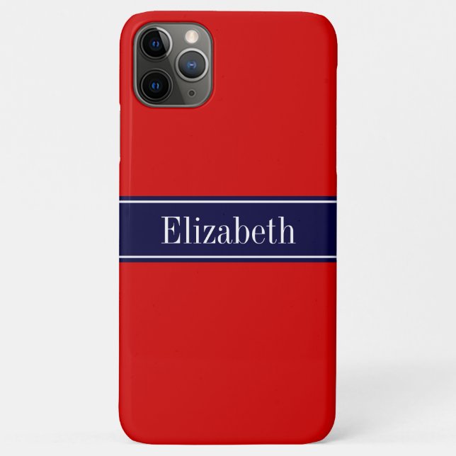 Coques Case-Mate iPhone Rouge uni, ruban bleu marine Nom Monogramme (Dos)