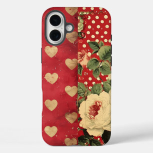 Coques iPhone 16 Plus Rouge Vintage Chic Dots Coeurs Floraux Mélange