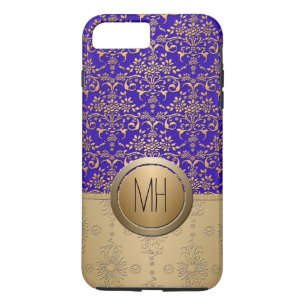Coque iPhone 8 Plus/7 Plus Royal Blue et Gold Damask Custom Monogram Motif