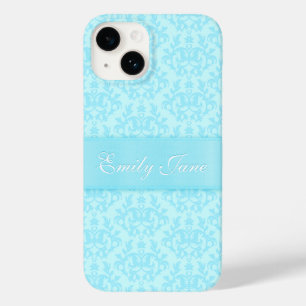 Coques Pour iPhone Ruban de nom personnalisé bleu clair Damas