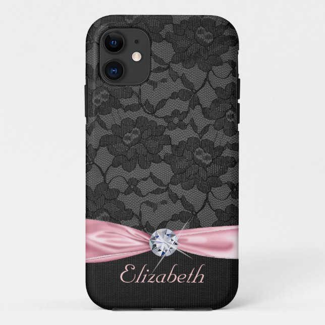 Coques Case-Mate iPhone Ruban et diamant noirs élégants de satin de rose (Dos)