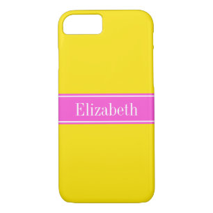 Coque iPhone 8/7 Ruban rose chaud jaune uni Nom Monogramme