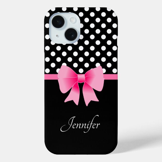 Coques Case-Mate iPhone Ruban rose points noirs et blancs Nom (Verso)