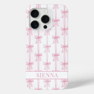 Coque iPhone 15 Pro Rubans Coquette Rose Monogrammés Rayés