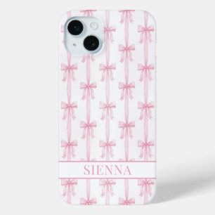 Coque iPhone 15 Mini Rubans Coquette Rose Monogrammés Rayés